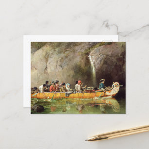 Canoe Mkonserverad av Voyageurs Passing a Waterfal Vykort