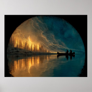 Canoe och måne vid kusten vid sjö poster
