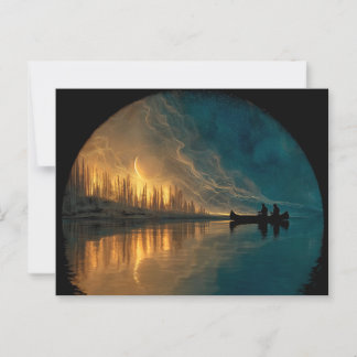 Canoe och måne vid kusten vid sjö vykort