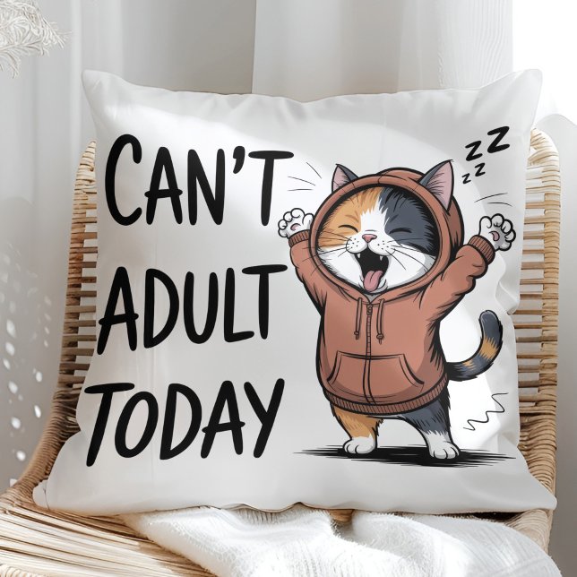 "Can't Adult Today" Funny Cat Kudde ("Can't Adult Today" Funny Cat Throw Pillow in a sunny boho neutral rattan chair)