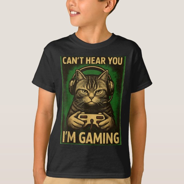 Can't Hear You I'm Gaming Funny Gamer Cat Playing  T Shirt (Framsida)
