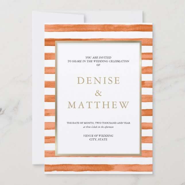 Cantaloupe Akvarell Ränder & Guld Bokstäver Inbjudningar (Framsida)