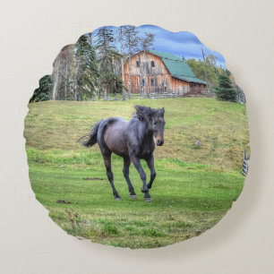 Cantering Black Percheron Horse Equine Photo 2 Rund Kudde