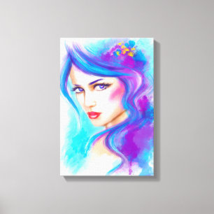 Canvas Fantasy Bevackra kvinna med blåa blommor