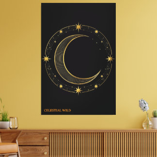 Canvas Lyx Svart Guld Celestial Mån Konst