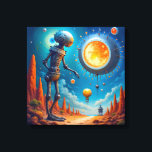 Canvastryck (Robot och UFO)<br><div class="desc">Detta science fiction-tryck visar en hög metallisk robot som närmar sig ett cirkulärt,  glödande UFO som svävar i luften.</div>