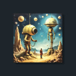 Canvastryck (Tidsresenär och robotar)<br><div class="desc">Detta science fiction-tryck visar en tidsresenär som möter två gigantiska robotar som svävar över landskapet.</div>