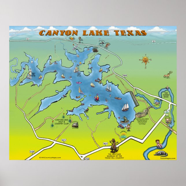 Canyon Sjö Texas Tecknad Karta Poster (Framsidan)