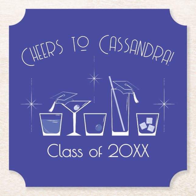 Cap and Cocktail Graduation Party Blue Underlägg Papper (Framsida)