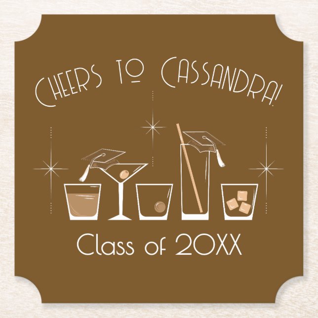 Cap and Cocktail Graduation Party Brown Underlägg Papper (Framsida)