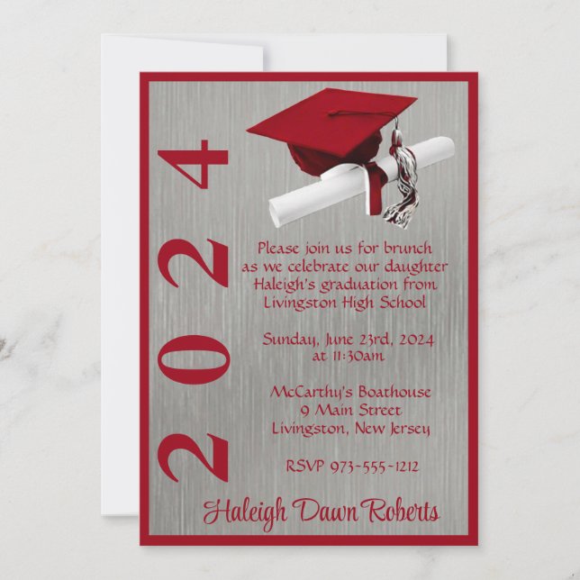 Cap & Diploma 5x7 Scarlet Red/Silver Studenten Inbjudningar (Framsida)