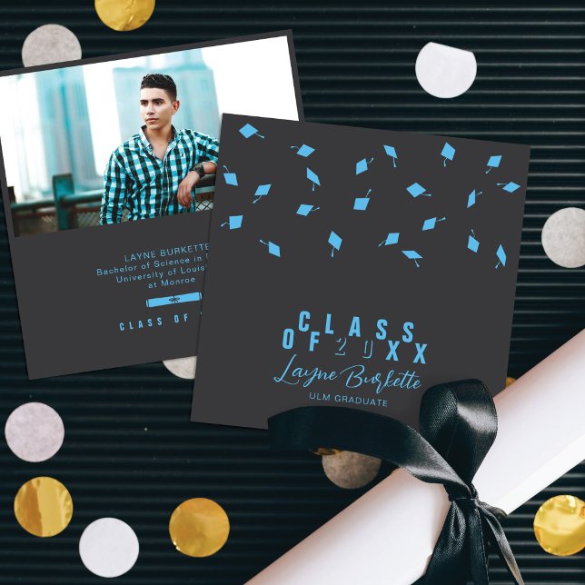 Cap Toss Gray & Blue Graduation Announcement Inbjudningar (Skapare uppladdad)