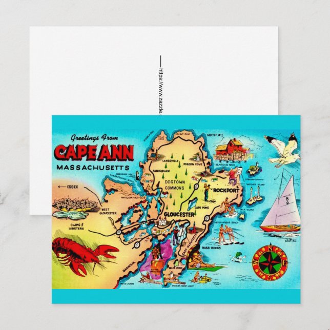 Cape Ann MA Färgglad Karta Vykort (Fram/baksida)