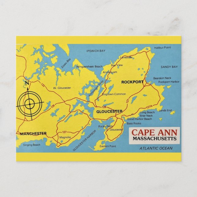 Cape Ann Massachusetts Karta Vykort (Framsida)