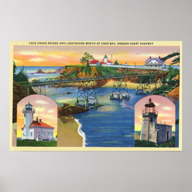 Cape Arago Bridge och Lighthouse Mouth Poster (Framsidan)