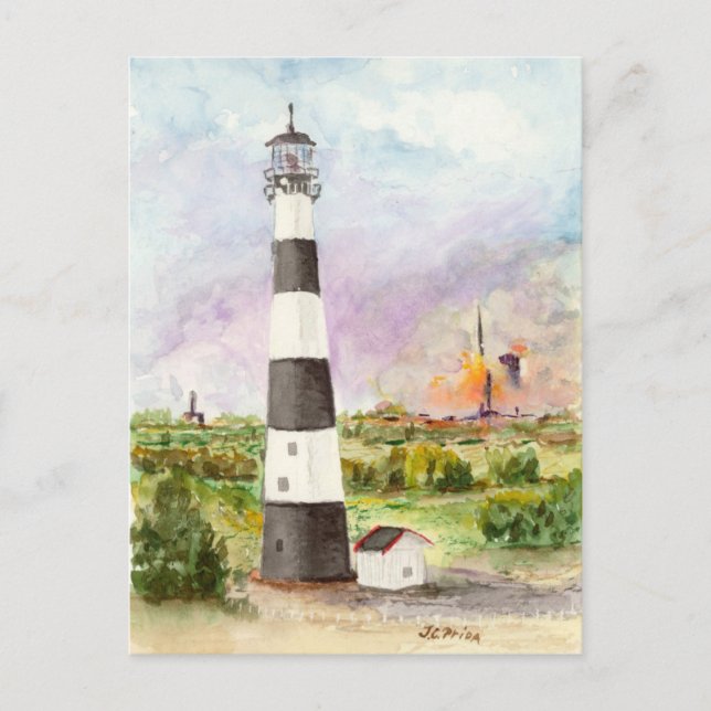 Cape Canaveral Lighthouse Rocket Launch Watercolor Vykort (Framsida)