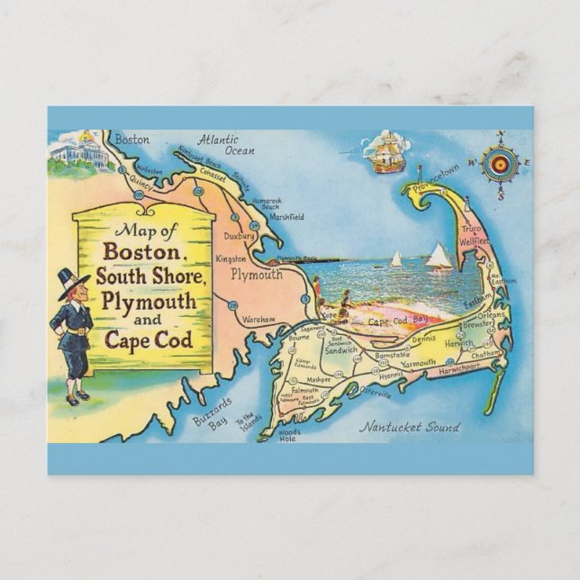 Cape Cod Antik Karta Vykort (Framsida)