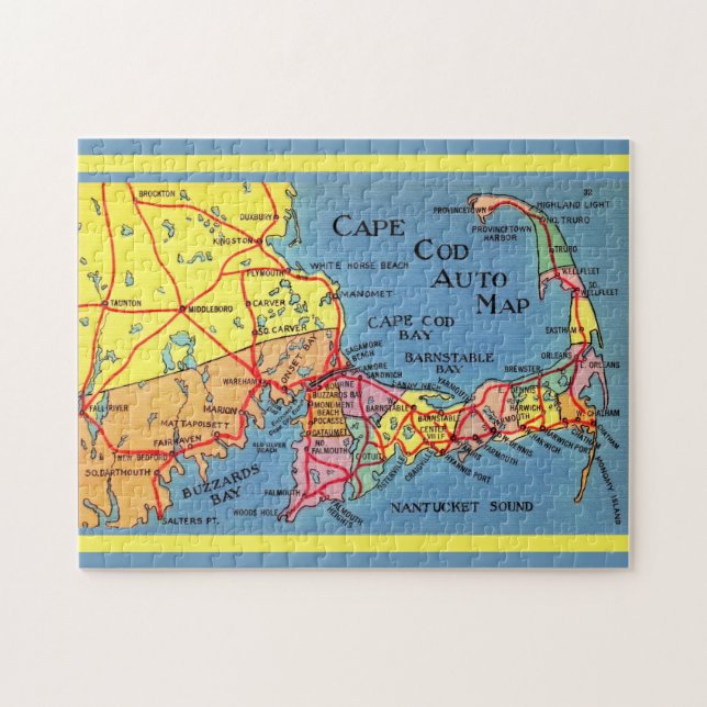 Cape Cod Auto Map 11x14 Jigsaw Puzzle Pussel (Horisontell)