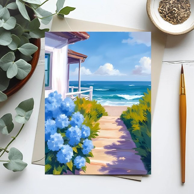Cape Cod Beach Väg | Hydrangea Coastal Painting Vykort (Skapare uppladdad)