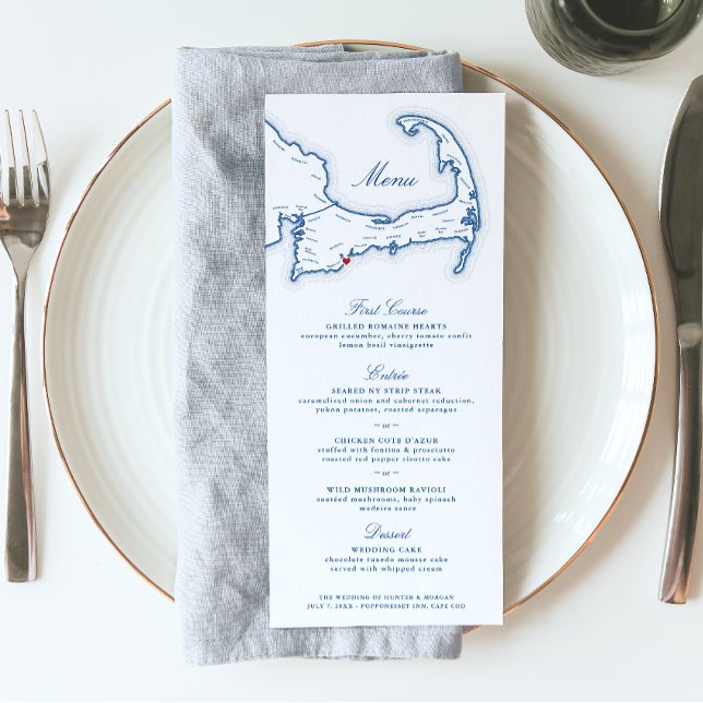 Cape Cod Destinations bröllopsflottan Blue Meny (These navy blue and white Cape Cod Map Wedding menus are perfect for your wedding at Popponesset inn)