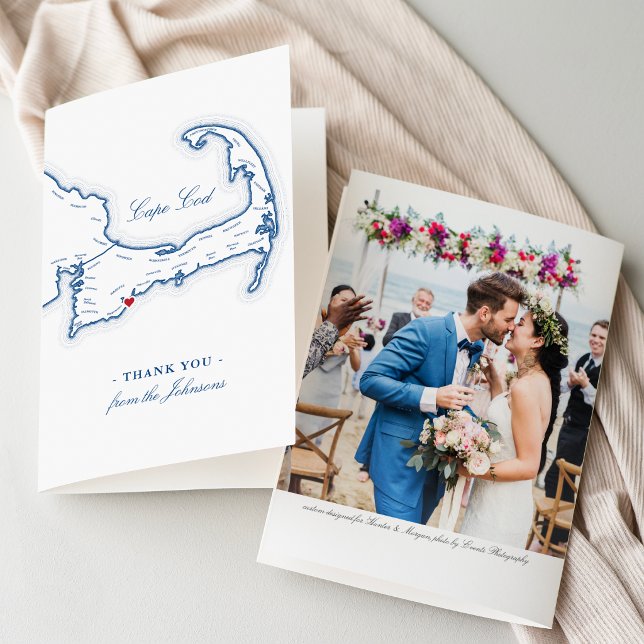 Cape Cod Elegant Bröllopsfest Tack Kort (Cape Cod Destination Wedding Thank You Cards with movable heart and Cape Cod Map)