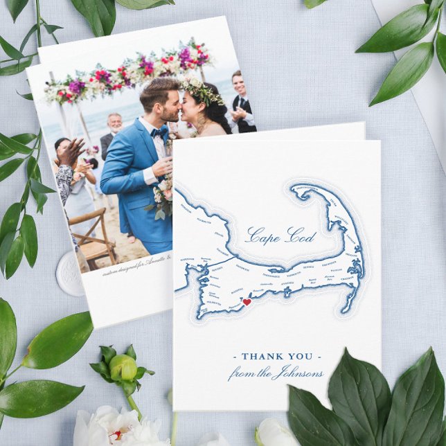 Cape Cod Elegant Destination Wedding Tack Kort (Cape Cod Destination Wedding thank you cards with a map of the Cape and your photo on the back)