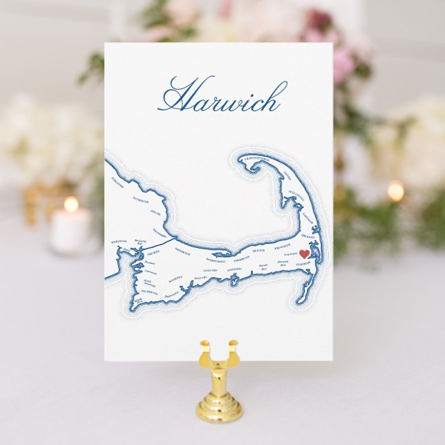 Cape Cod Harwich Kartong Bröllopsbord Namnskylt Inbjudningar (Harwich Cape Cod Wedding Table Town Name Cards with elegant navy blue map for Wequassett Resort)