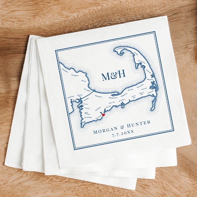 Cape Cod Karta Elegant bröllop Pappersservett (Popponesset Inn Wedding Napkins or Club at New Seabury Cape Cod Map Napkins by Coastal Map Designs)