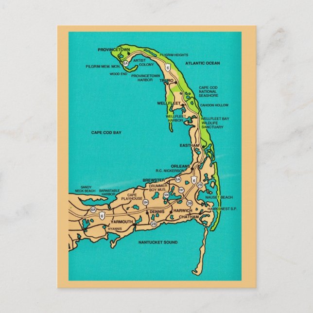 Cape Cod MA Kart Postkort Vykort (Framsida)