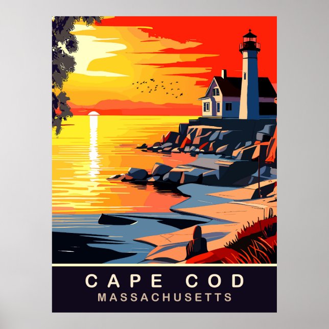 Cape Cod, MA, Solnedgång vid kusten, Resa Poster (Framsidan)