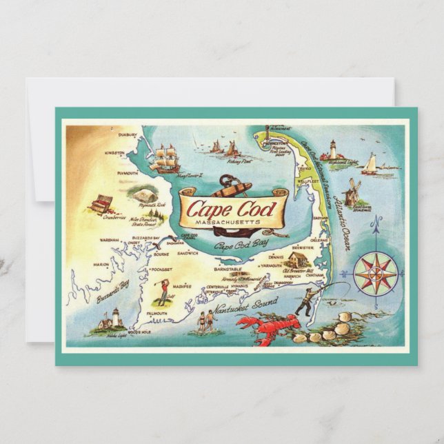 Cape Cod Massachusetts 5x7 Map Postcard Tack Kort (Framsida)