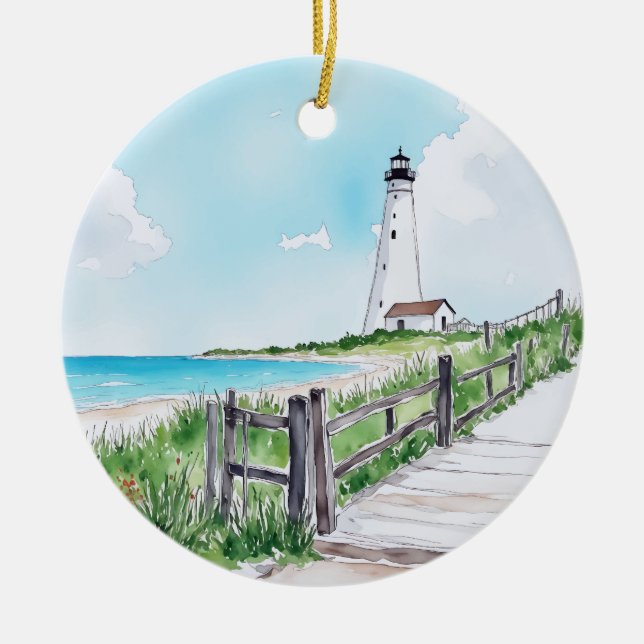 Cape Cod Massachusetts fyr Watercolor Julgransprydnad Keramik (Framsidan)