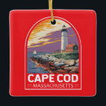 Cape Cod Massachusetts Travel Art Emblem Julgransprydnad Keramik<br><div class="desc">Tryckkonstruktion för Cape Cod-reflektor i ett emblem stil. Det är platsen för kvaint byar,  sjömatshack,  fyrar,  dammar och havsstränder.</div>