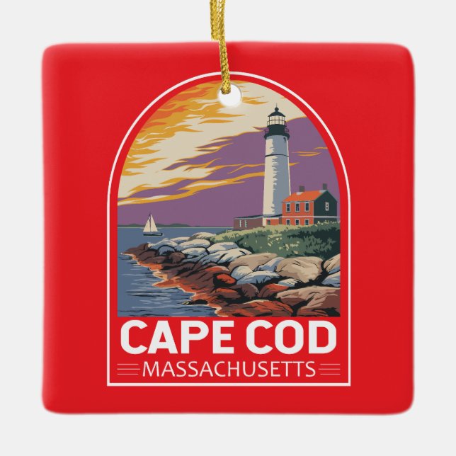 Cape Cod Massachusetts Travel Art Emblem Julgransprydnad Keramik (Framsida)