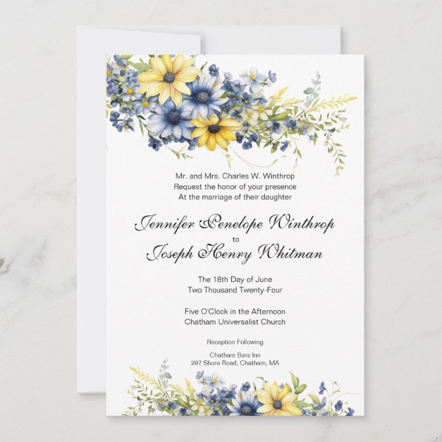 Cape Cod Summer Blue Gult Garden Wedding Wedding Inbjudningar (Framsida)