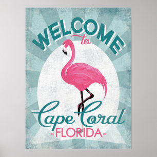 Cape Coral Florida Rosa Flamingo Retro Poster