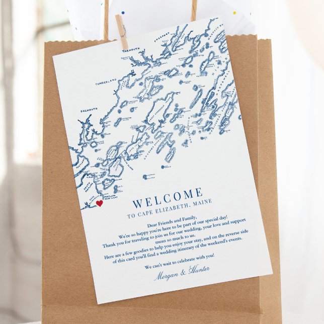Cape Elizabeth Maine Bröllop Welcome Itinerary Tack Kort (These Cape Elizabeth Maine wedding welcome letters can include your weekend event itinerary too)