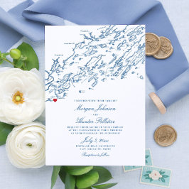 Cape Elizabeth Maine Elegant Navy Karta Bröllop Inbjudningar