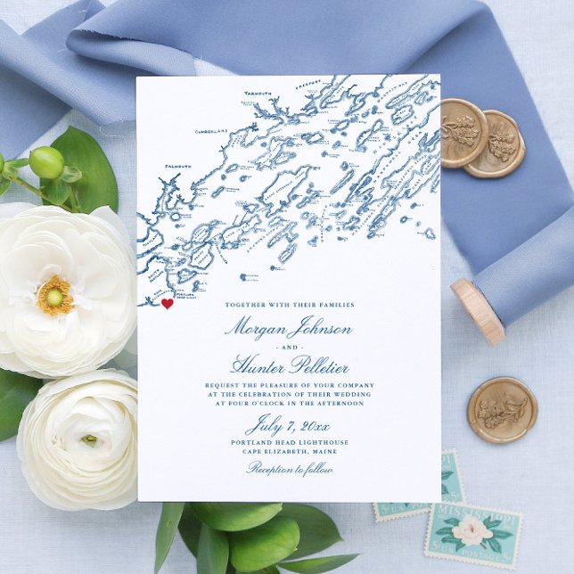 Cape Elizabeth Maine Elegant Navy Karta Bröllop Inbjudningar (These Cape Elizabeth Maine invitations are perfect for your destination wedding on Casco Bay)