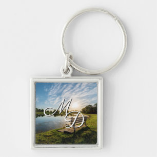 Cape Girardeau County Park Bench Sunset Keychain Fyrkantig Silverfärgad Nyckelring