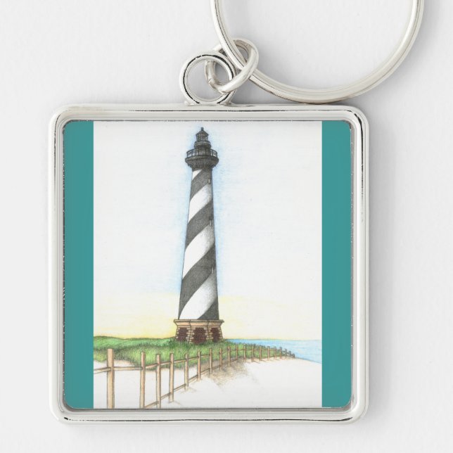 Cape Hatteras Lighthouse Keychain Fyrkantig Silverfärgad Nyckelring (Framsidan)