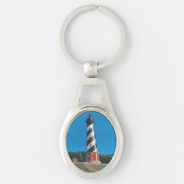 Cape Hatteras Lighthouse Metall Keychain Ovalt Silverfärgad Nyckelring (Framsidan)