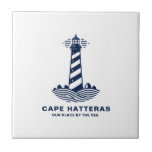 Cape Hatteras Lighthouse – Nautical Blue & White Kakelplatta<br><div class="desc">Cape Hatteras - the steady lighthouse in navy blue simple lines clear against a white background. Like a quiet guardian, it watches over the restless Atlantic winds and the endless pulse of the sea. Your own words can be added — a name, a date, or secret coordinates — held safe...</div>