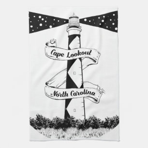 Cape Lookout Lighthouse Black and White Kökshandduk