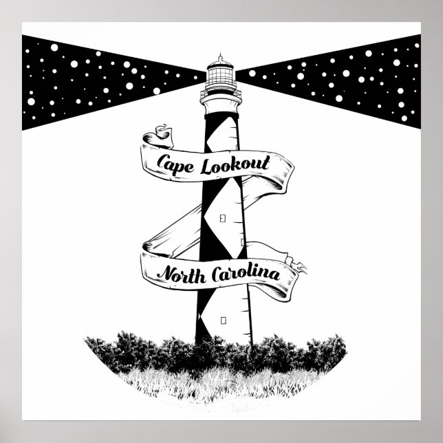 Cape Lookout Lighthouse Black and White Poster (Framsidan)