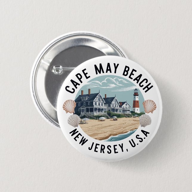 Cape May Beach Retro Vignett Knapp (Framsida & baksida)