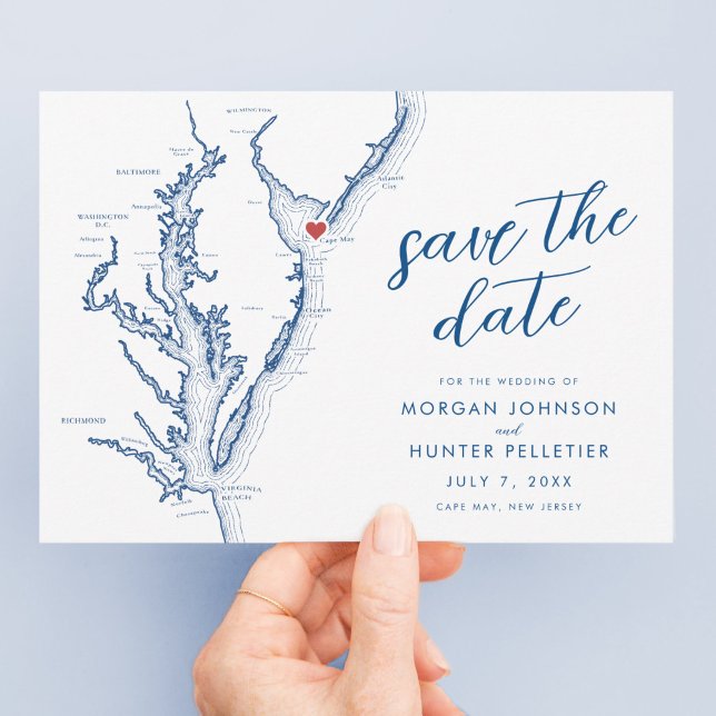 Cape May New Jersey Karta Modern Bröllop Spara Datumet (Cape May New Jersey Wedding Save the Date with Navy blue Chesapeake Bay map and modern typography )