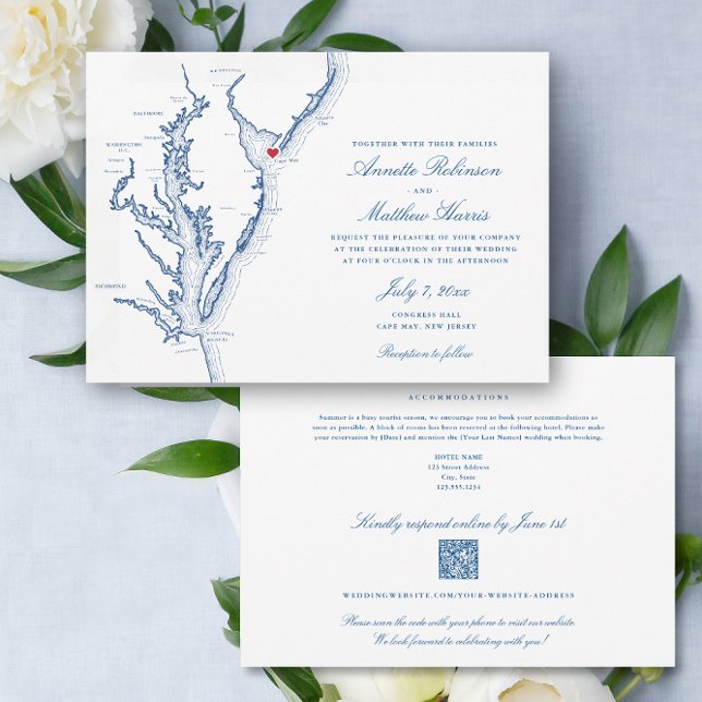 Cape May NJ allt-i-ett QR-kod OSA Bröllop Inbjudningar (Cape May NJ All-in-One QR code Wedding invitation in elegant navy blue from Coastal Map Designs)