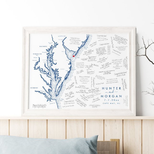 Cape May NJ Bröllop Modern Karta Guest Bok Poster (Cape May, NJ Wedding alternative guest book poster is perfect for a Jersey Shore destination wedding)