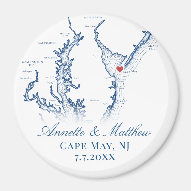 Cape May NJ Kart Bröllopspresent Minne  Magnet (Framsidan)